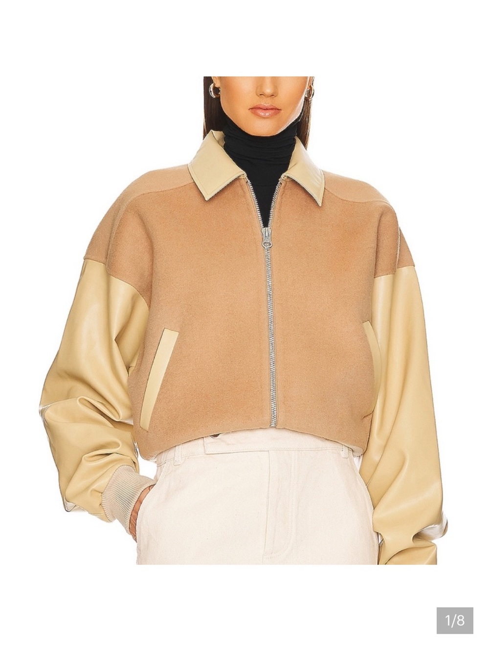 Two-Tone Cropped Bomber Jacket - Beige/Cream